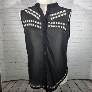 Sleeveless Black Button-Down Shirt with‎ Cutout Panel Detailing